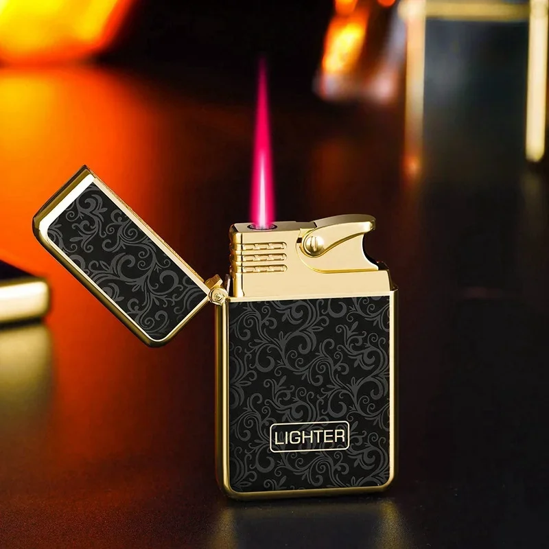 High Definition Resin Craft Windproof Red Flame Butane Gas Lighter Press Ignition Compact and Thin Portable Lighters Smoking