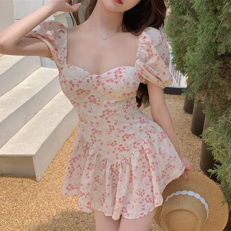 Floral Dress For Women Puff Sleeve Square Collar Short Sleeve Skirt Sexy Off Shoulder Dress Female Summer Cute Beach Dress
