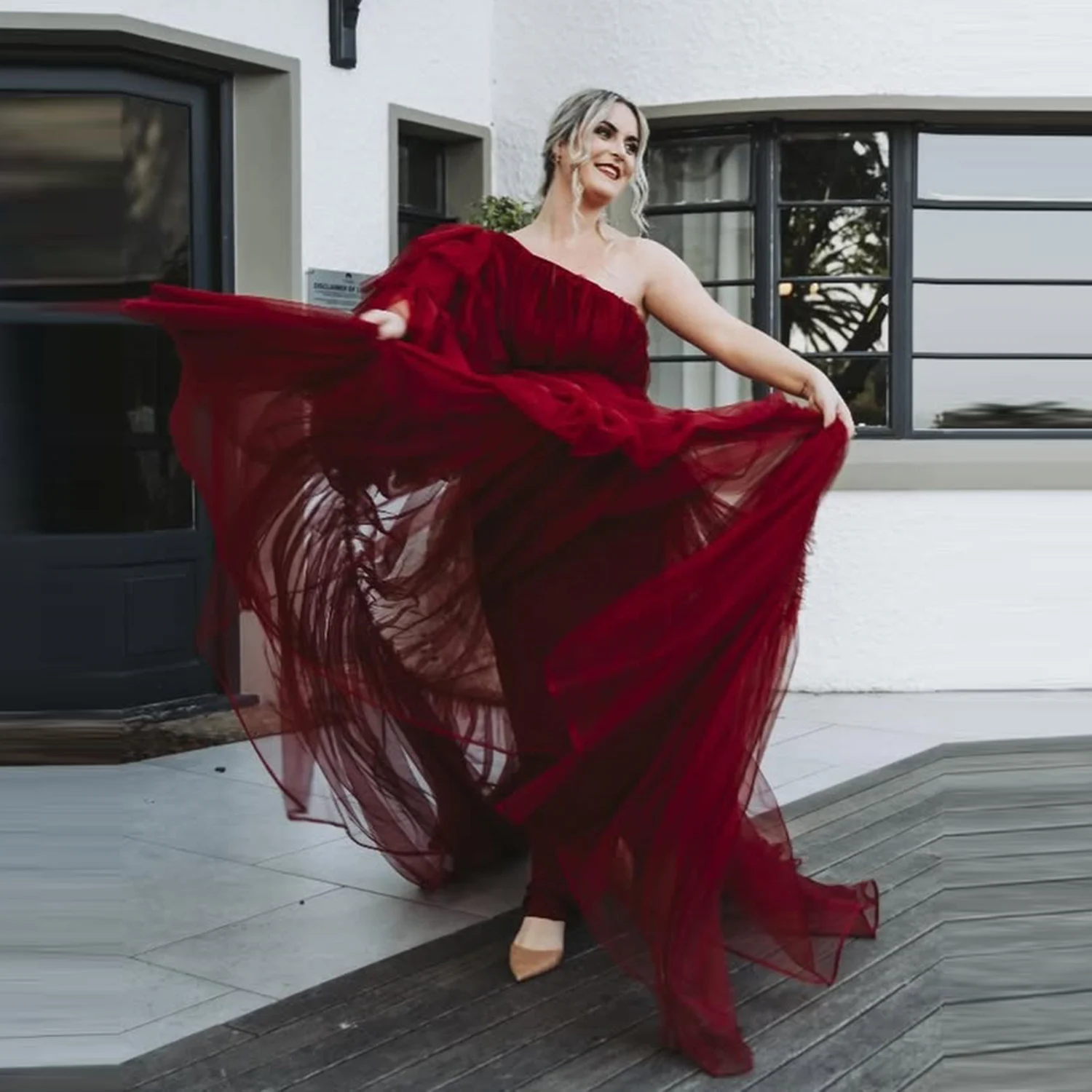 Vestido De fiesta De un hombro color Burdeos, tul hinchado con gradas, vestidos De noche De línea A, vestido De fiesta Formal para niñas, bata De velada