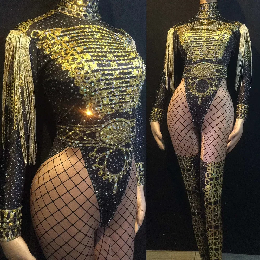 

Shining Women Sequin Diamonds Gold Tassel Jumpsuits Singer Dance Stage Leotard Rave Festival Costumes