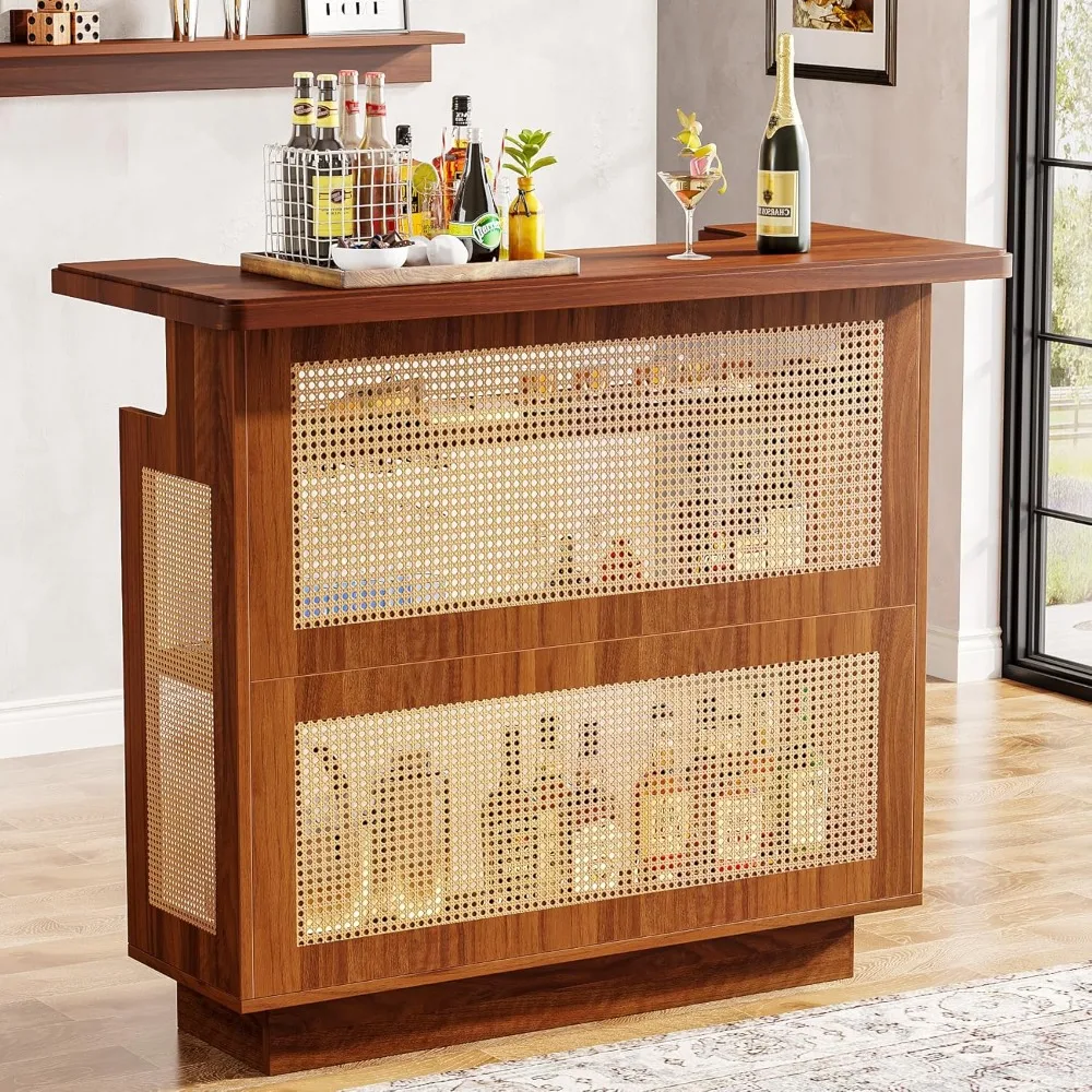 

Rattan Home Bar Unit, Farmhouse 4-Tier Bar Table with 4 Stemware Racks and Heightened Base, Liquor Wine Cabinet Mini