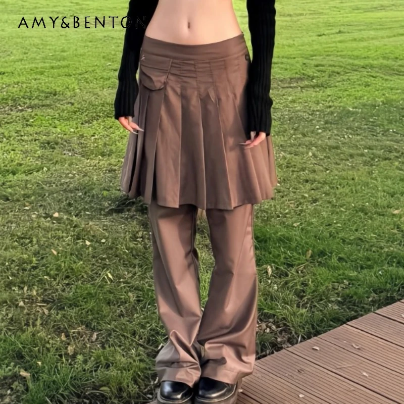 

American Retro Brown Fake Two-Piece Women's Skirt Pants 2025 Winter New Design Pleated Splicing Wide-Leg Floor Trousers Ladies