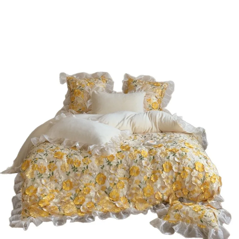 Romantic 3D floral winter milk fleece four-piece set, thickened warm bedding girly style kit
