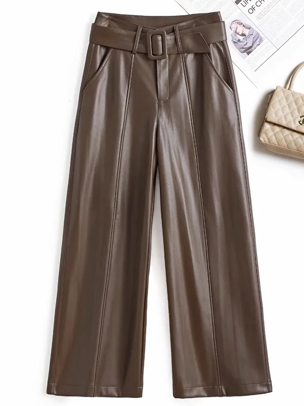 High Waist Fleece Lined Real Leather Pants Women's Casual Wide Leg Pants Thickened Straight Cut Trousers Outerwear
