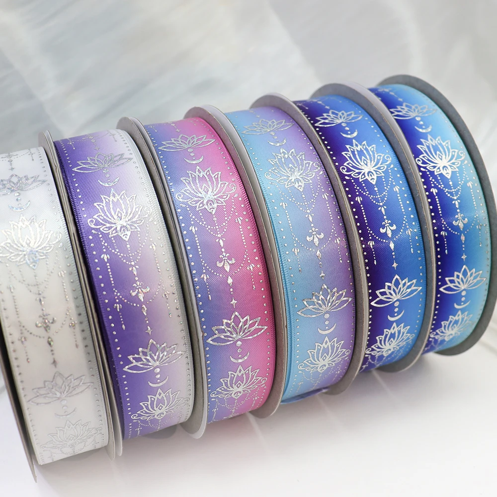 1\'\' 25mm Laser Silver Foil Moon Lotus Printed Single Side Satin Ribbon For Wedding Birthday Party Gift Wrapping Decoration