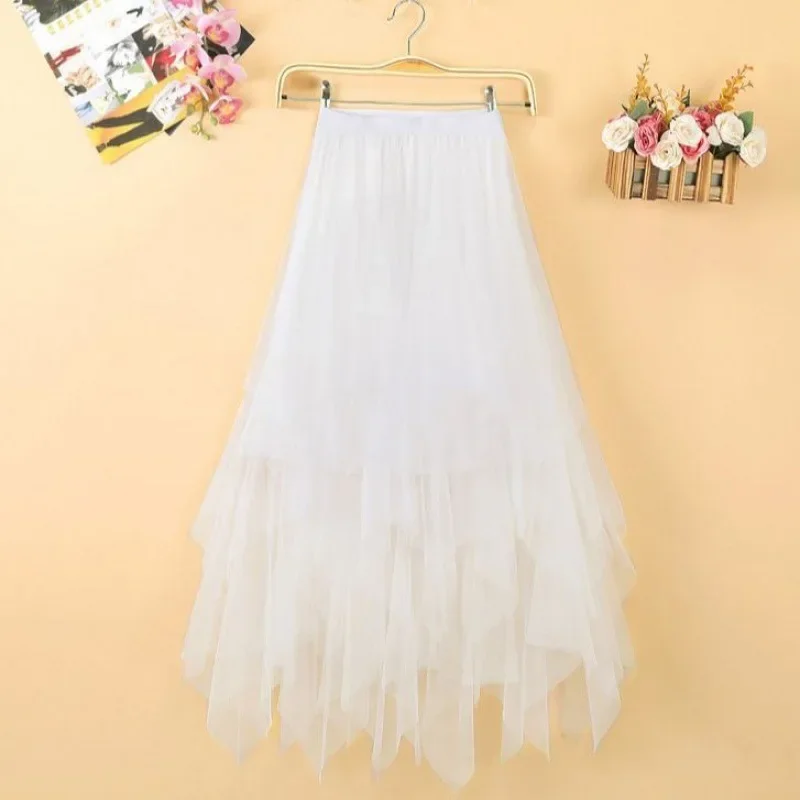 Women Gauze Irregular Skirt Female Students Korean Fairy Pleated Skirt  Long Gauze Skirts Tulle Ladies  A-line Voile Dance Dress