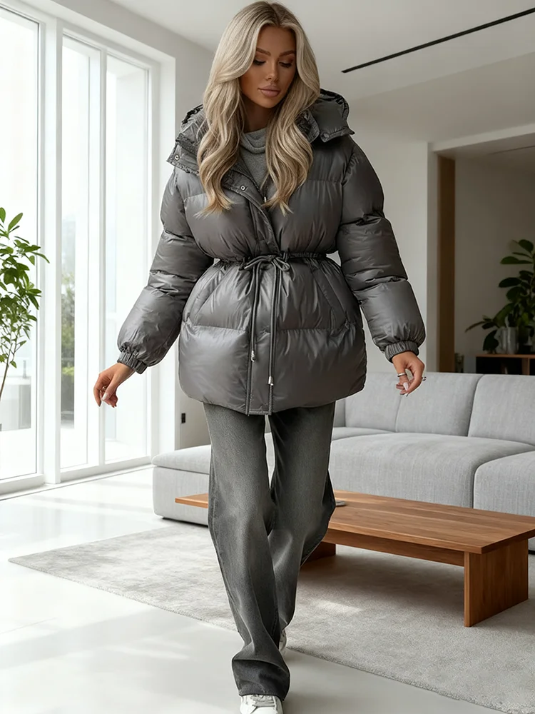 Women's 2025 Winter Dark Gray Shiny Cotton Coat Hooded Long Sleeve Drawst Waist Midi Jacket Elastic Cuffs Pockets Casual Coat