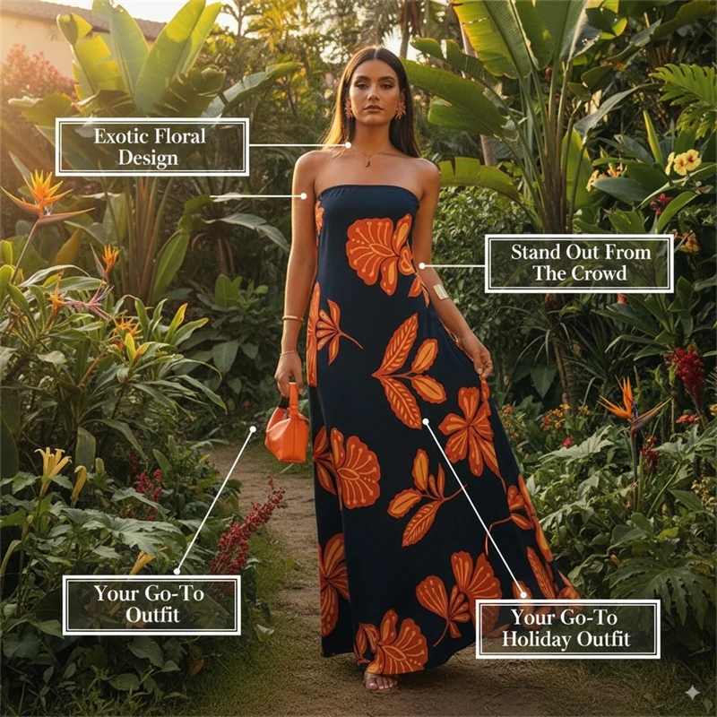 

Strapless Floral Print Long Dress for Women Slim Fit Tube Style Vacation Maxi Outfit – Summer Island Look