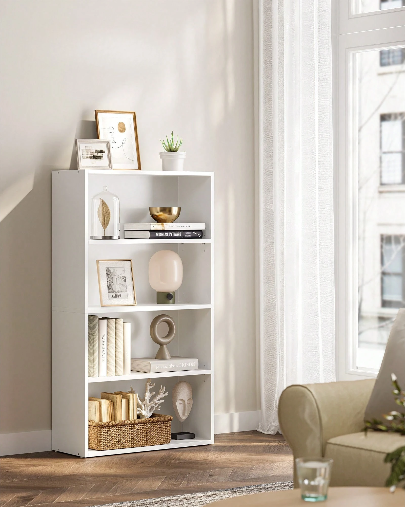4-Tier Bookcase, Book Shelf, Open Storage Shelf, 9.4 X 23.6 X 42.4 Inches, For Living Room, Home Office, Dinning Room, Cloud White