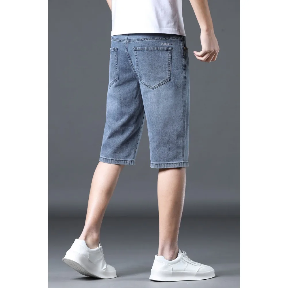 New denim shorts for men's summer loose straight leg knee length elastic cargo jeans  men clothing baggy jeans streetwear men