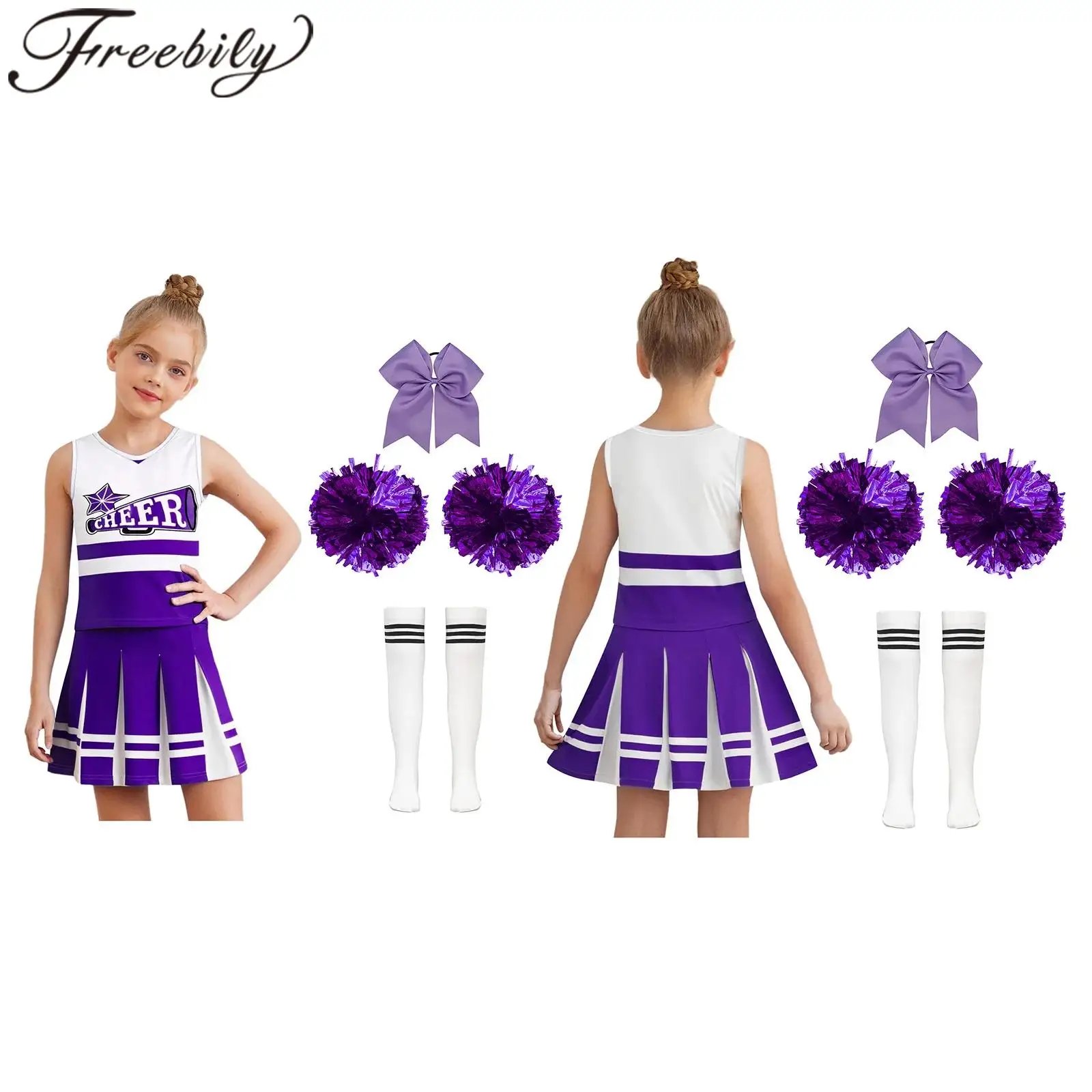

Girls Cosplay Cheering Team Cheer Dance Costumes Kids Fancy Dress Cheer Leader Costume Cheerleading Outfit With Hand Flower