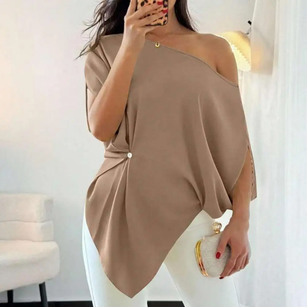 

Непрозрачная женская футболка с асимметричным воротником, рукавами «летучая мышь», коротким рукавом, приталенным силуэтом, однотонная, летняя женская футболка