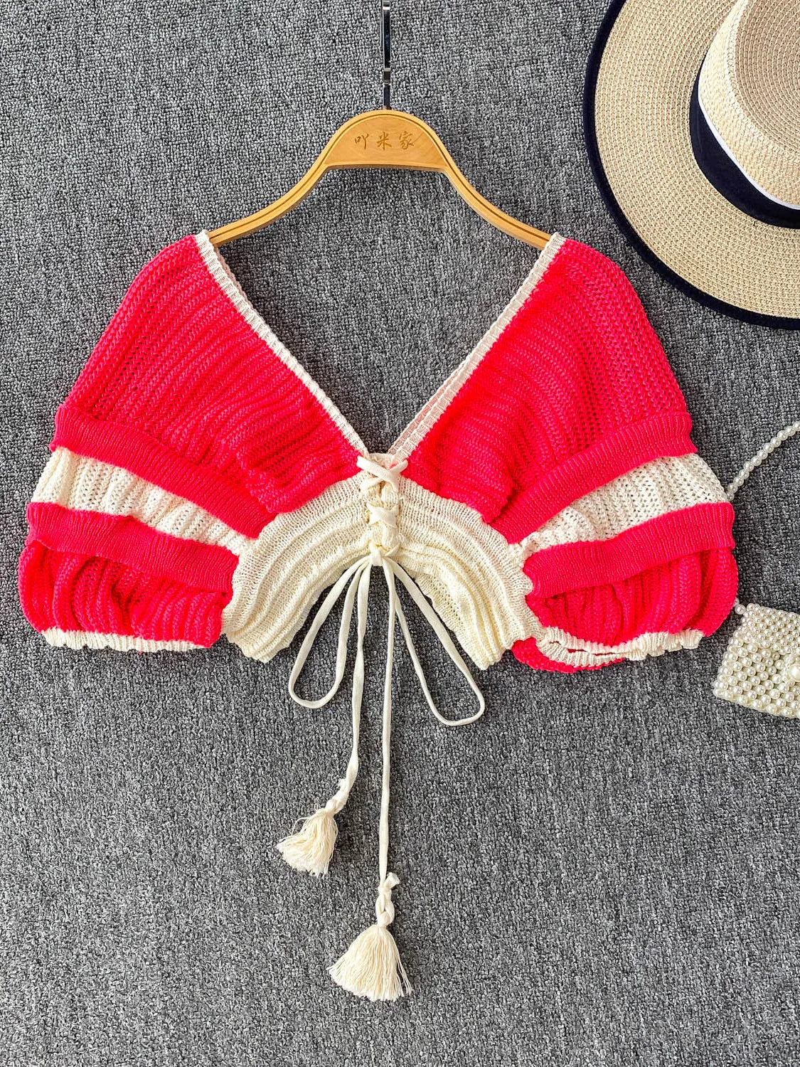 

Вязаный топ в стиле ретро Dstring ort, женский летний утягивающий универсальный блузка-фонарь Све, корейская блузка из ледяного шелка с v-ne