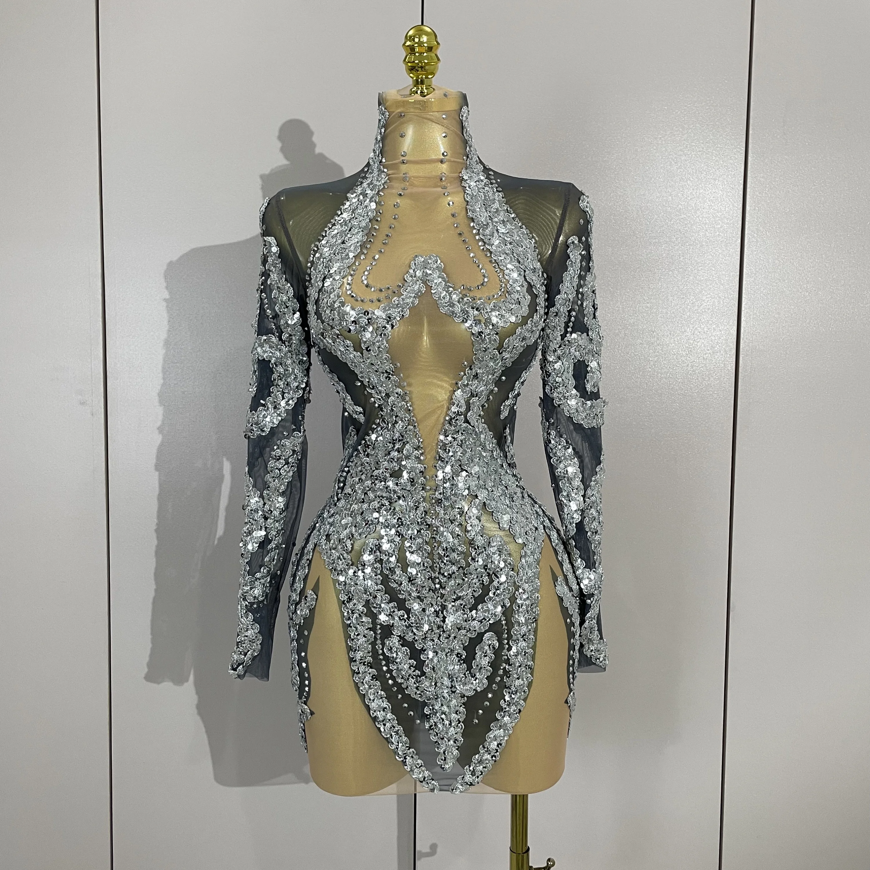 

АКЦИЯ Сексуальный сценический наряд Сетка с длинными рукавами Блестящие стразы Мини-платье Вечеринка на день рождения Ночной клуб Бар Фестиваль Шоу Одежда