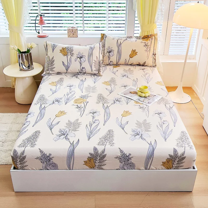 Luxury Flower Fitted Sheet Set Cotton Floral Pattern Mattress Anti-Slip Thick Protective Cover Home Healthy Sleep Bedding Set