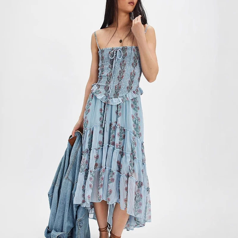 

Casual Bohemian Vacation Style Long Dress Fashion Irregular Patchwork Suspender Dress Elegant Floral Print Ruffles Evening Dress