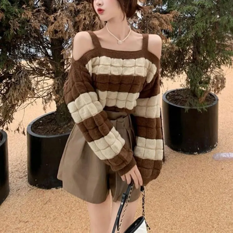 Stylish Slash Neck Off Shoulder Jumpers Autumn Winter Loose Striped Female Clothing Korean Contrasting Colors Knitted Sweaters