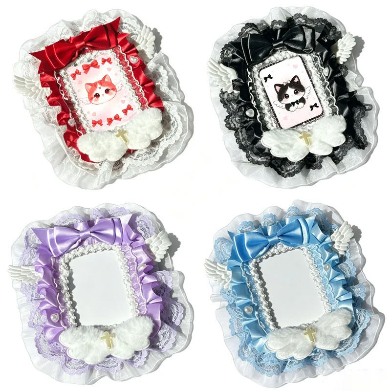 3 in Sweet Ruffle Lace Photocard Holder Angel Wing Bow Decor Kpop Photocard Frame Cute Handmade Card Display Case for Ita Bag