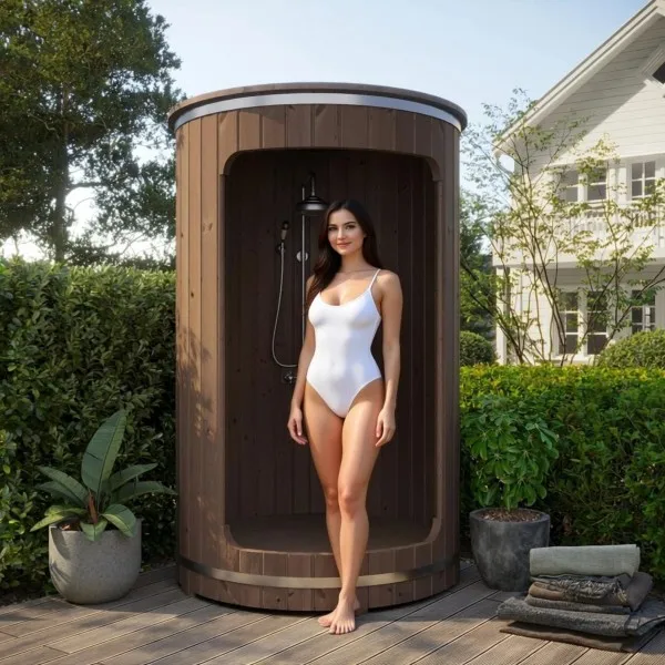 Nordic Style Outdoor Barrel Shower, Wood Shower Enclosure for Garden and Patio Use