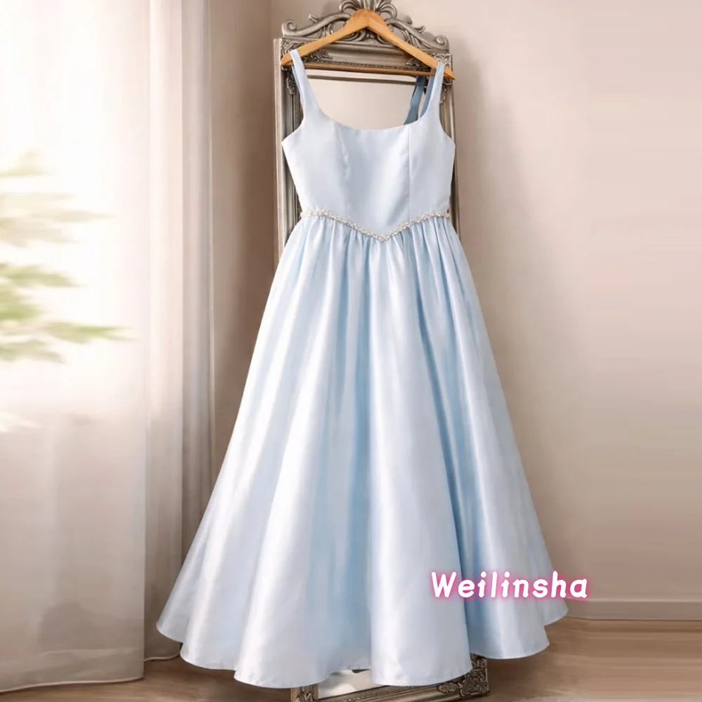 

Customized Elegant Beads Strapless Long Evening Dresses Women's Prom Dress Light Blue A- Line Tea -Length Party Gowns