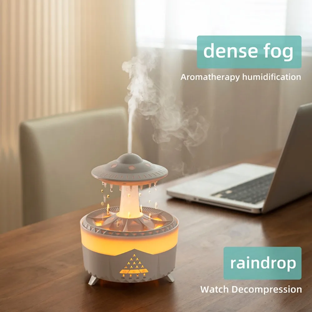 Humidificateur d'air goutte de pluie avec veilleuses méduses, diffuseur de château essentiel, lampe de nuit rotative, silencieux, télécommande sans fil