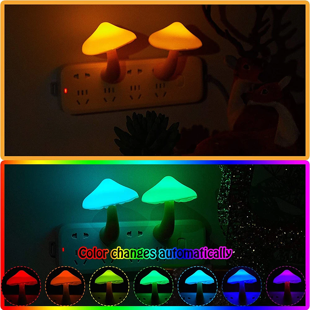 LED Mushroom Night Lights Dusk to Dawn Sensor Bedroom Light Mushroom Shaped Wall Socket Lamp 7 Color Changing Night lamp Decor