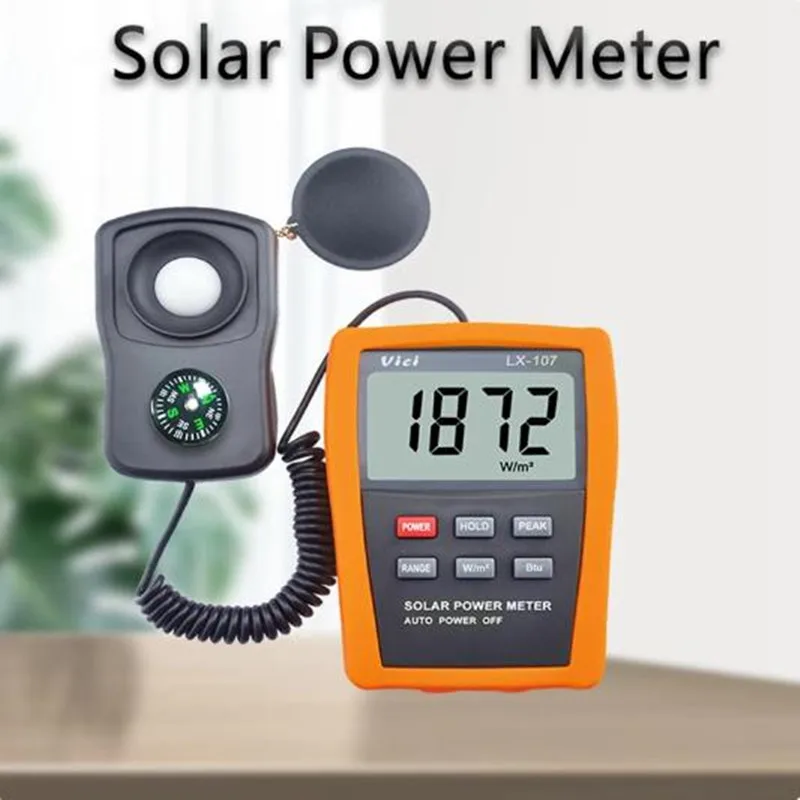 

Vici Solar Power Meter LCD BTU Light Radiation Tester Compass Optical Solar Research Glass Light Intensity Data Peak Hold LX107