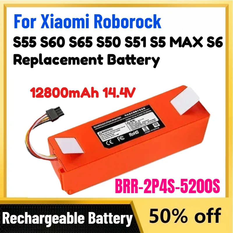 

New High-Capacity 12800mAh 14.4V BRR-2P4S-5200S Battery for Xiaomi Roborock S55 S60 S65 S50 S51 S5 MAX S6 Replacement Battery