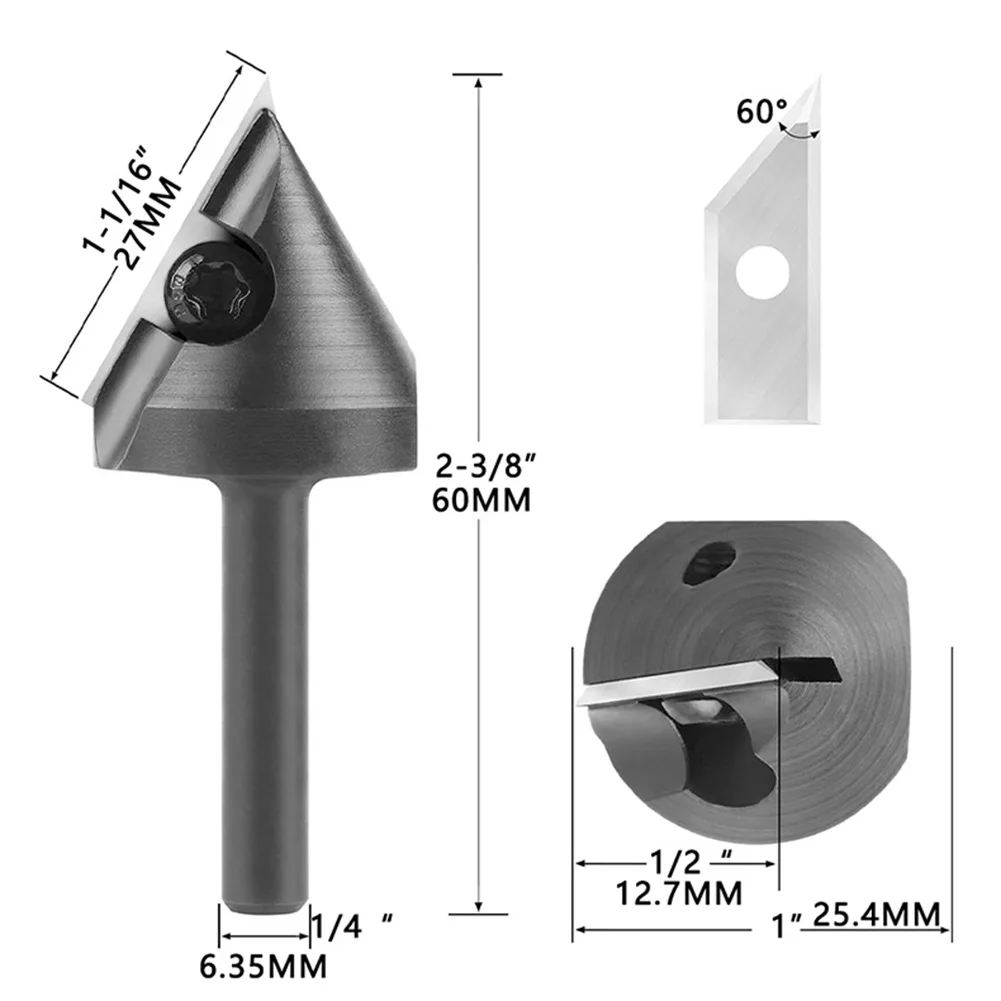 

60 Degree V Groove Router Bit for Woodworking Replaceable Insert 14 Inch Shank Easy to Replace Blade Suitable for Various Wood