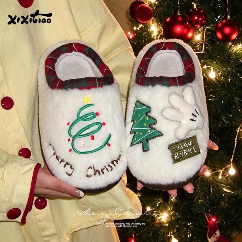 XIXITIAO New Winter Christmas Atmosphere Slippers for Men Women Fashion Funny Warm Anti-slip House Cotton Shoes Plush Footwear image 4