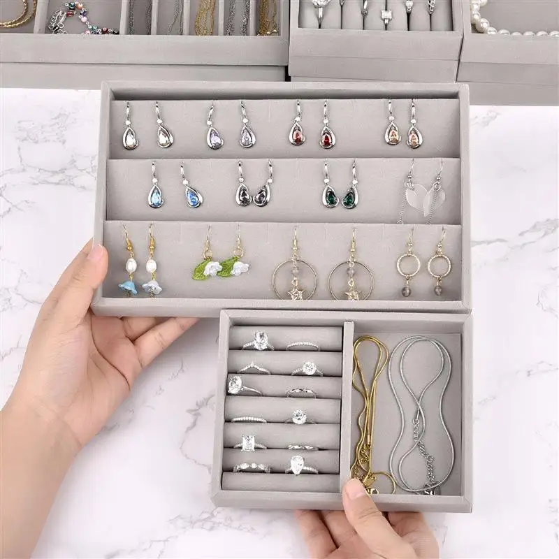 Samt Schmuck Aufbewahrung sbox Halskette stapelbar Display Tablett DIY Ohrring Ring Armband Veranstalter DIY Kunst handwerk Schublade Box grau