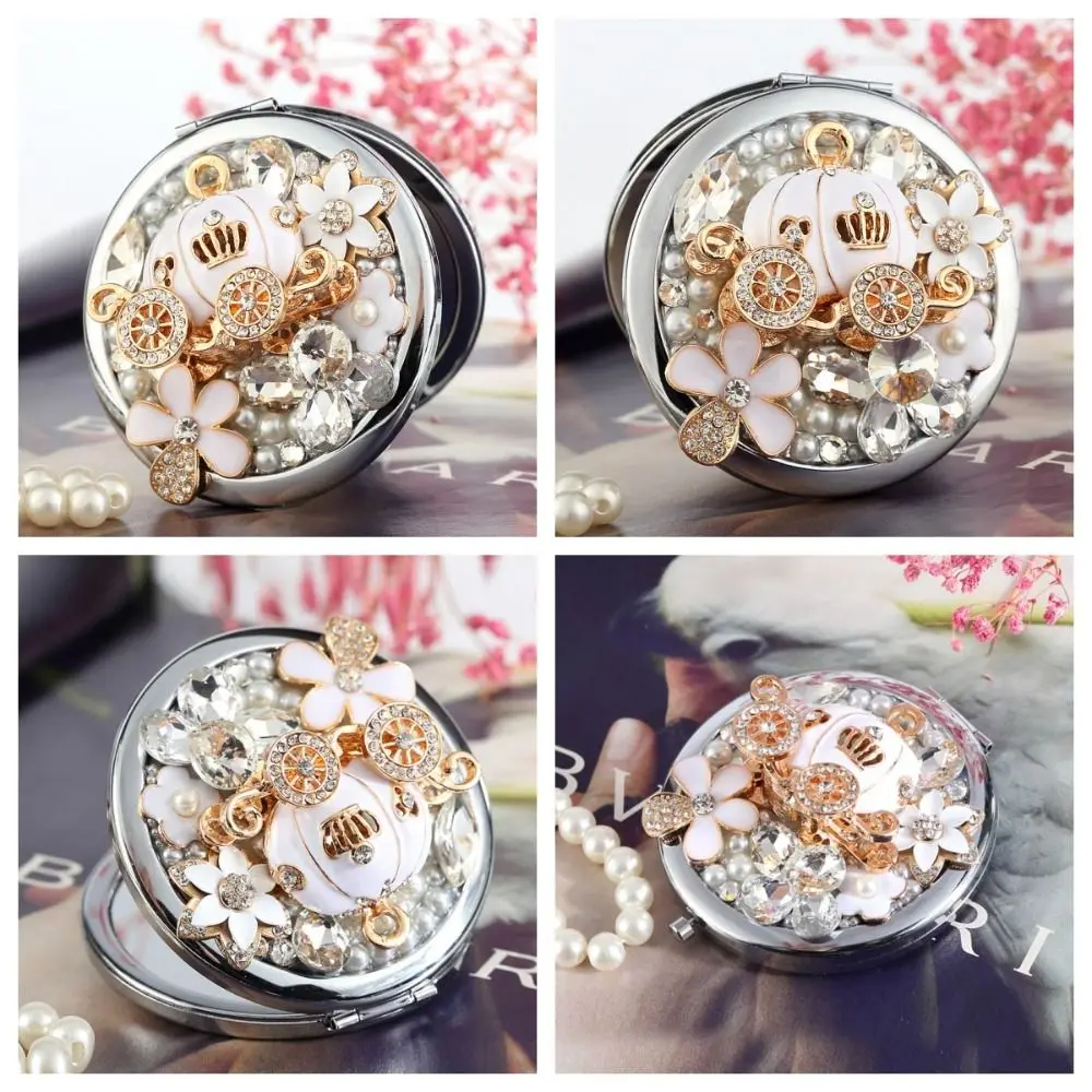 Beauty Mirror Metal Exquisite Mirror Pumpkin Wagon Gliter Portable Mirror Travel Size Crystal Pocket Mirror Women