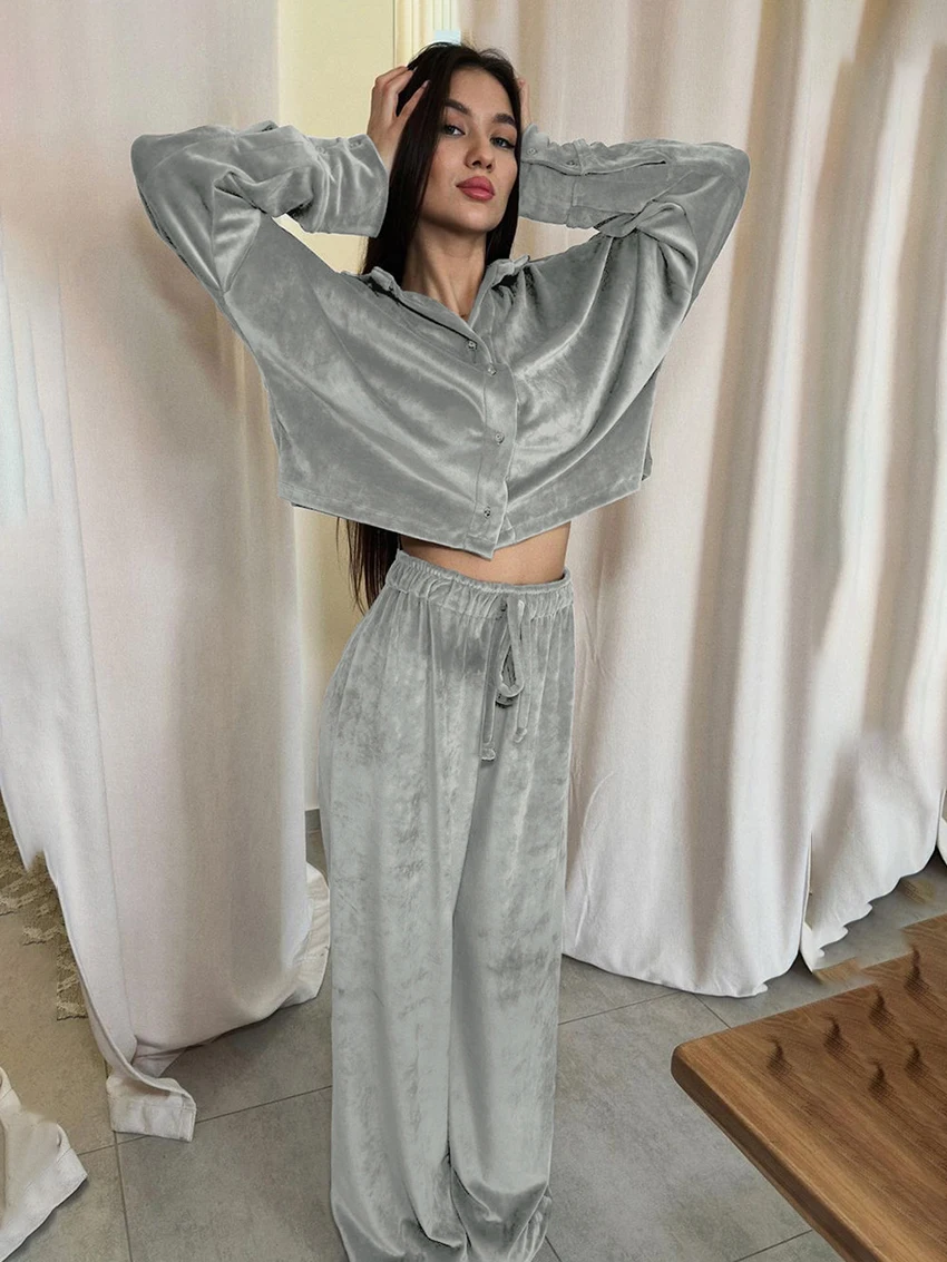 

Marthaqiqi Home Clothes Women Turn-Down Collar Sleepwear Long Sleeve Pajamas Crop Top Nightie Pants Causal Ladies Nightgown Suit