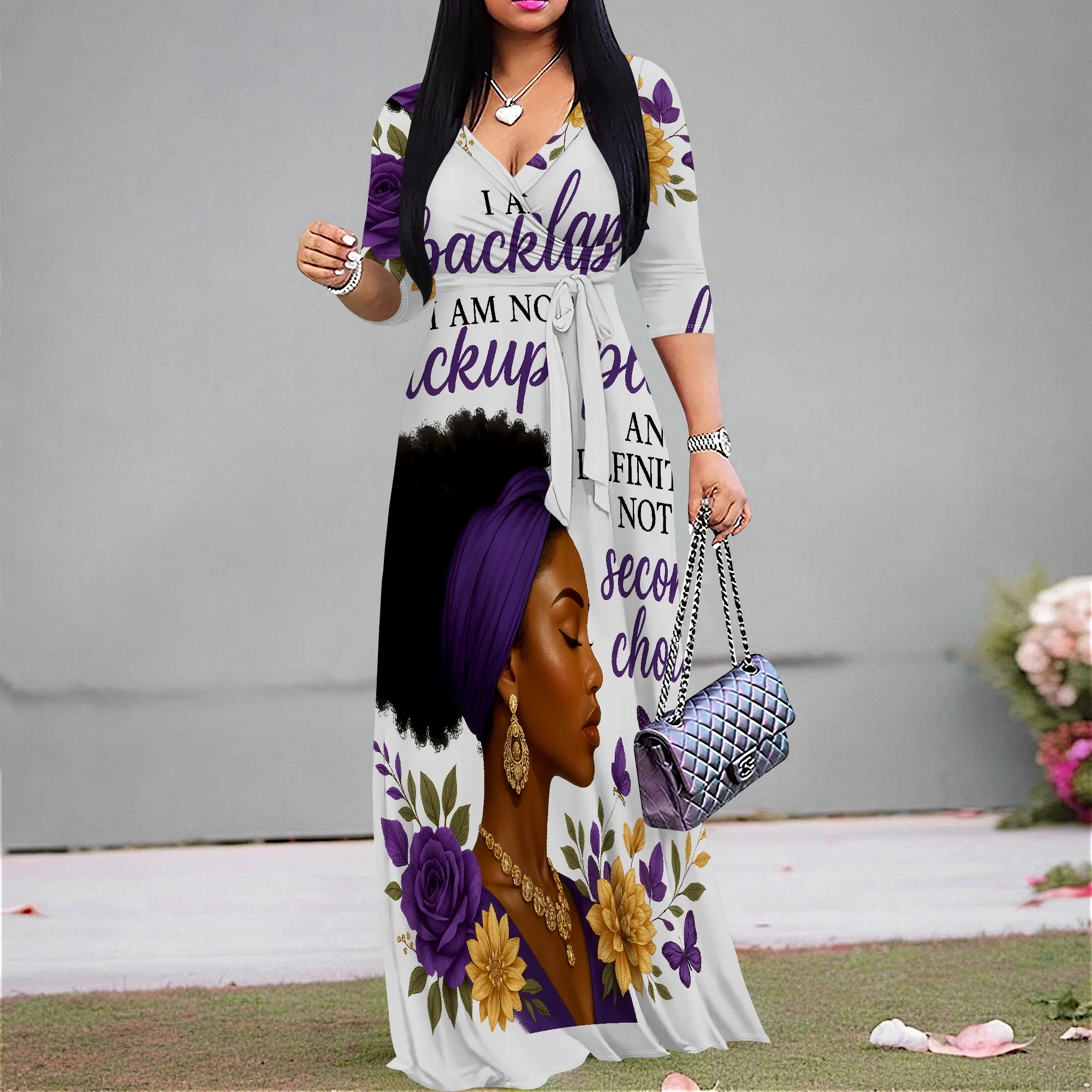 

Black Queen Affirmation Print Maxi Dress S-3XL V-Neck 3/4 Sleeve Belted Style for Women's Day, Church or Sisterhood Event Look