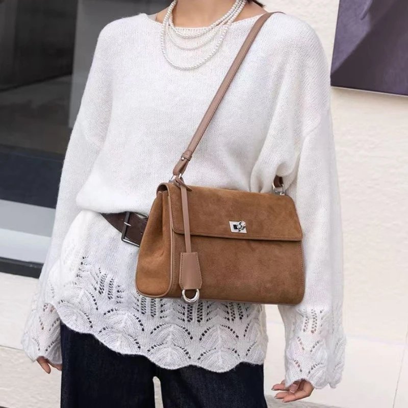

Elegant Genuine Leather Women's Shoulder Bag Retro Soft Matte Suede Tote Bag Luxury Design Commuter Crossbody Square Bag