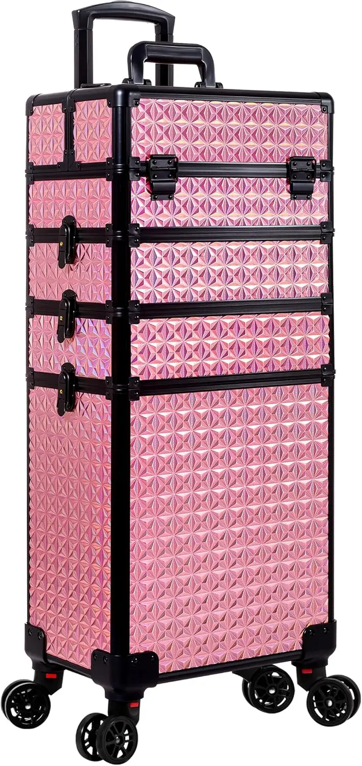 

5-in-1 Rolling Makeup Train Case with Wheels, Large Cosmetic Organizer for Travel and Salon Use in Pink
