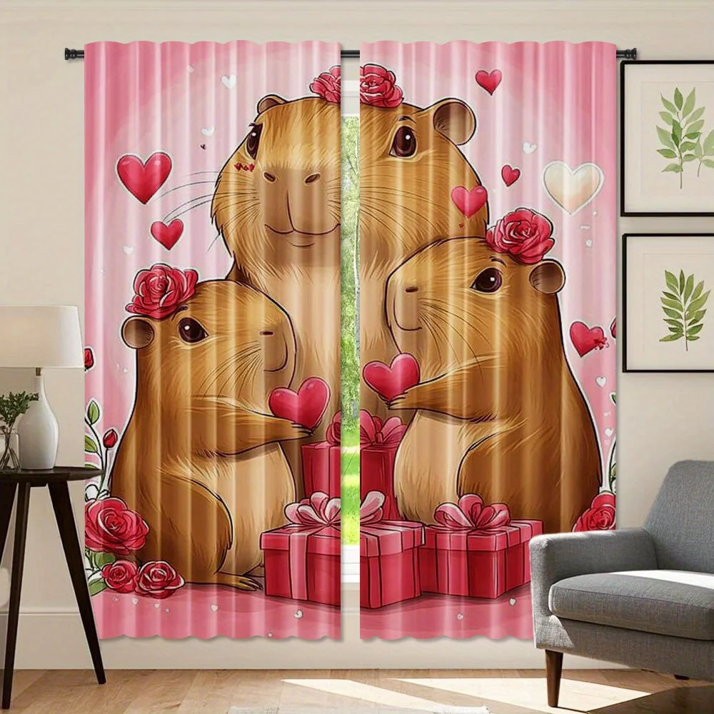 Cute Capybara with Roses Blackout Curtains - Cartoon Animal Family with Red Hearts and Gift Boxes Print Window Drapes for Living