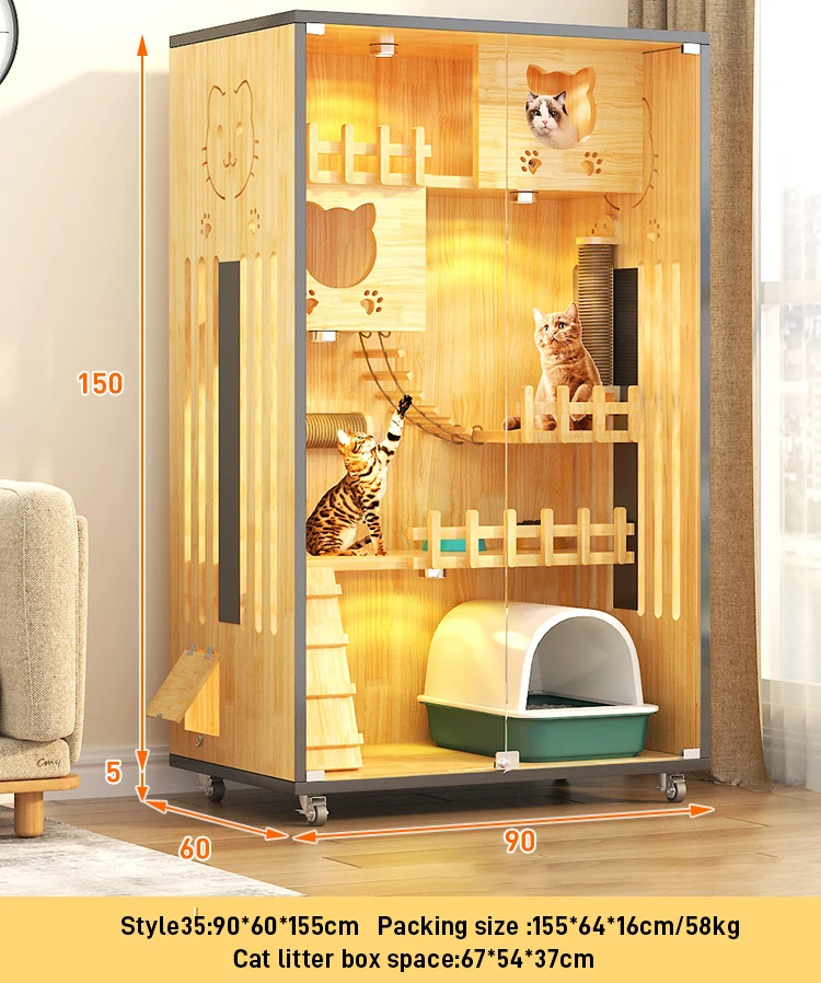 

Modern Classic Secure Breathable Solid Wood Indoor Cat Villa Pet Cage Multi Level Cat Tower with Secure Packaging