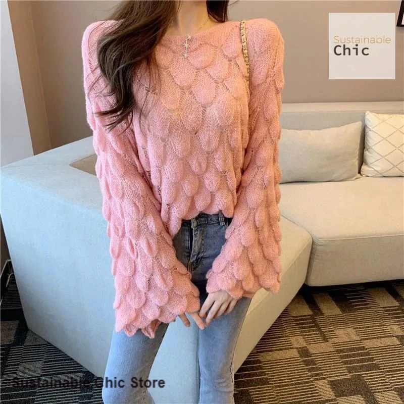 

South Korea chic plus size sweater blouse women's spring and autumn new thin hollow knit lazy wind loose Joker casual top