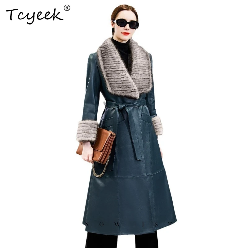 

Tcyeek Осенне-зимняя женская куртка из натуральной кожи высокого класса с воротником из норки и завязанным павлином синего цвета Женская Кожаная Куртка