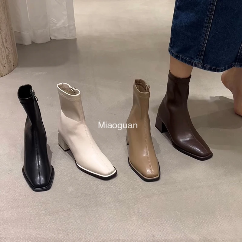 2023 New Autumn Design Heel Ankle Boot Fashion Square Toe Zipper Elegant Ladies White Casual Short Chelsea Boots Soft Leather PU