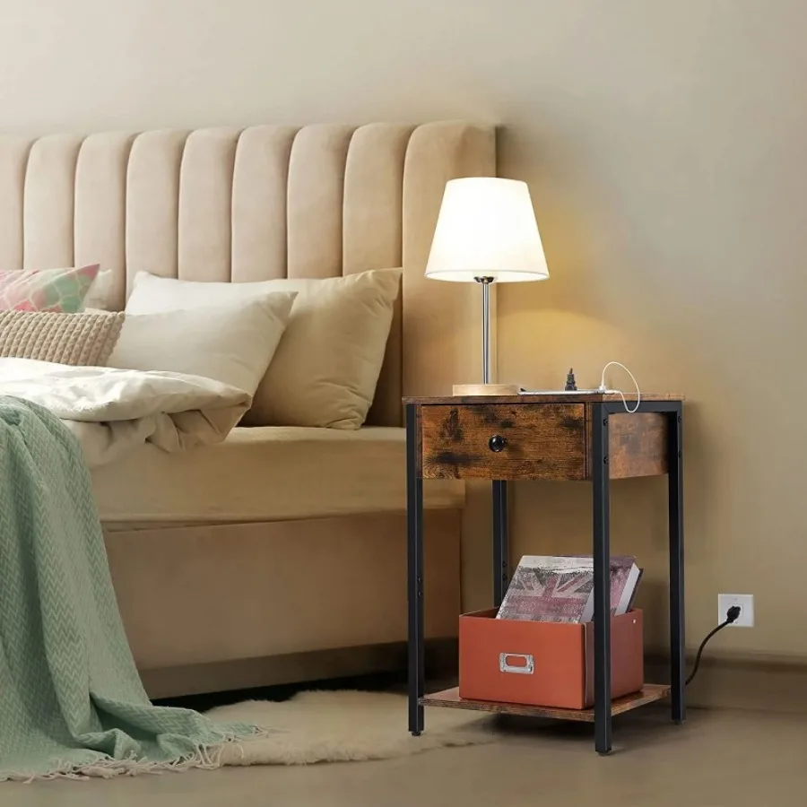 

Bedside Table with Charging Station, USB Port, Drawer and Storage Shelf, Country Brown