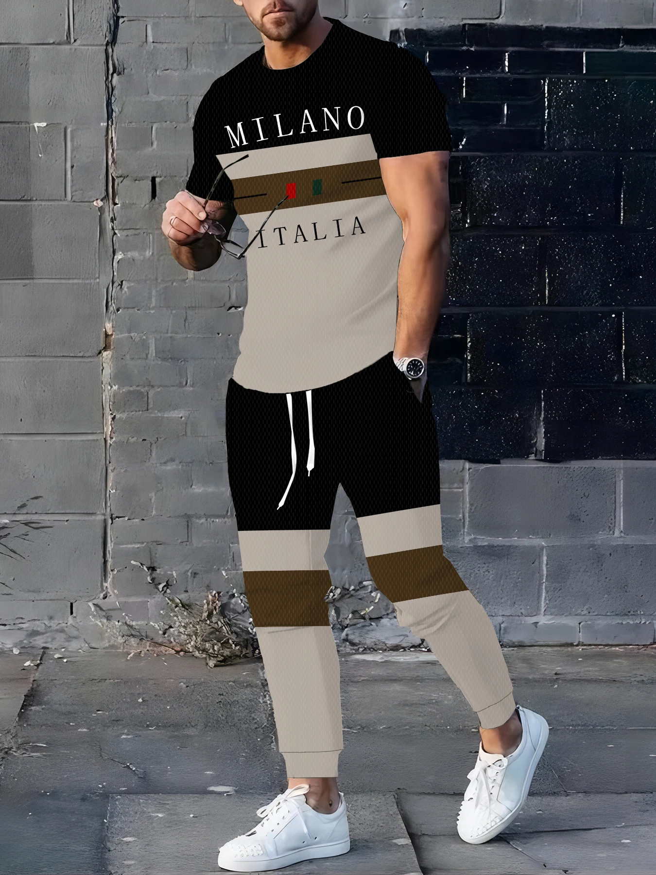 

New Men's Personalized Printed Breathable and Comfortable Round Neck T-shirt and Pants Outdoor Comfortable Sports Set