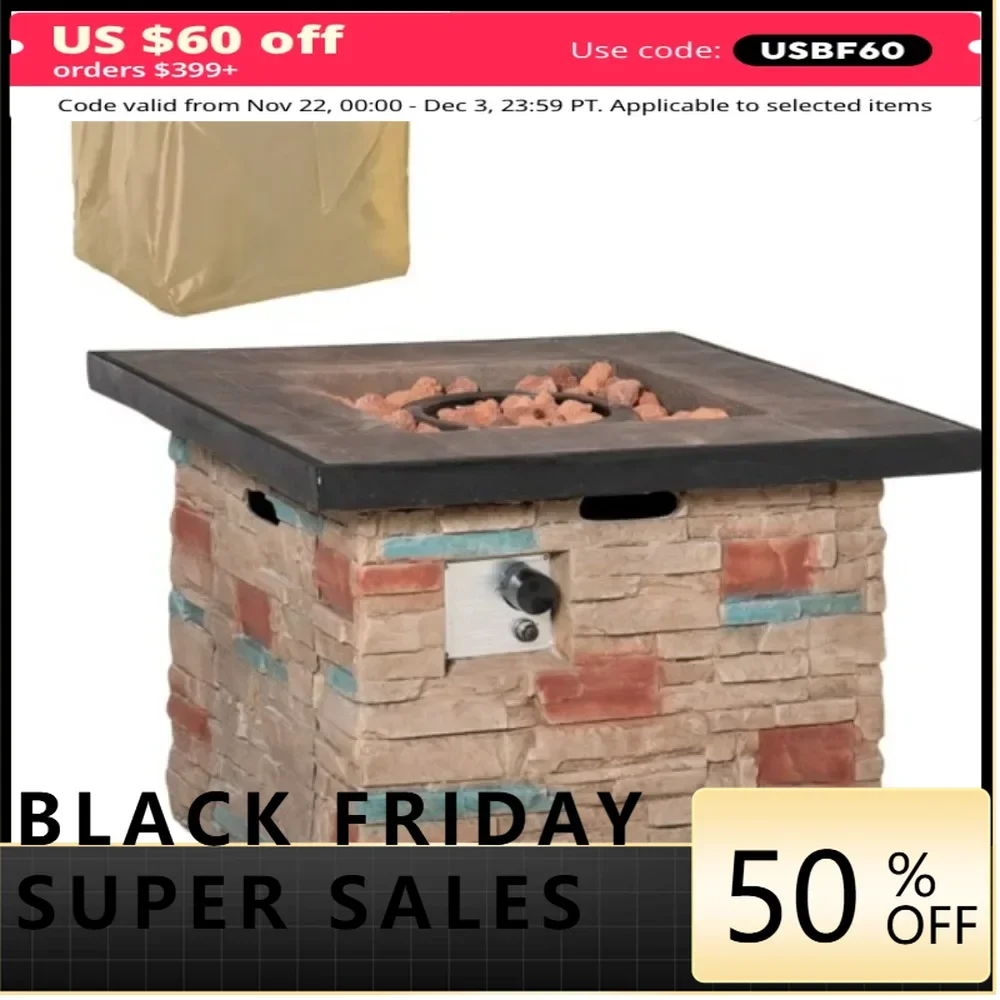 Fire Pit Table  Rustic stone design outdoor table fire pit Edge for holding drinks and food  Lava rocks help keep warmth longer