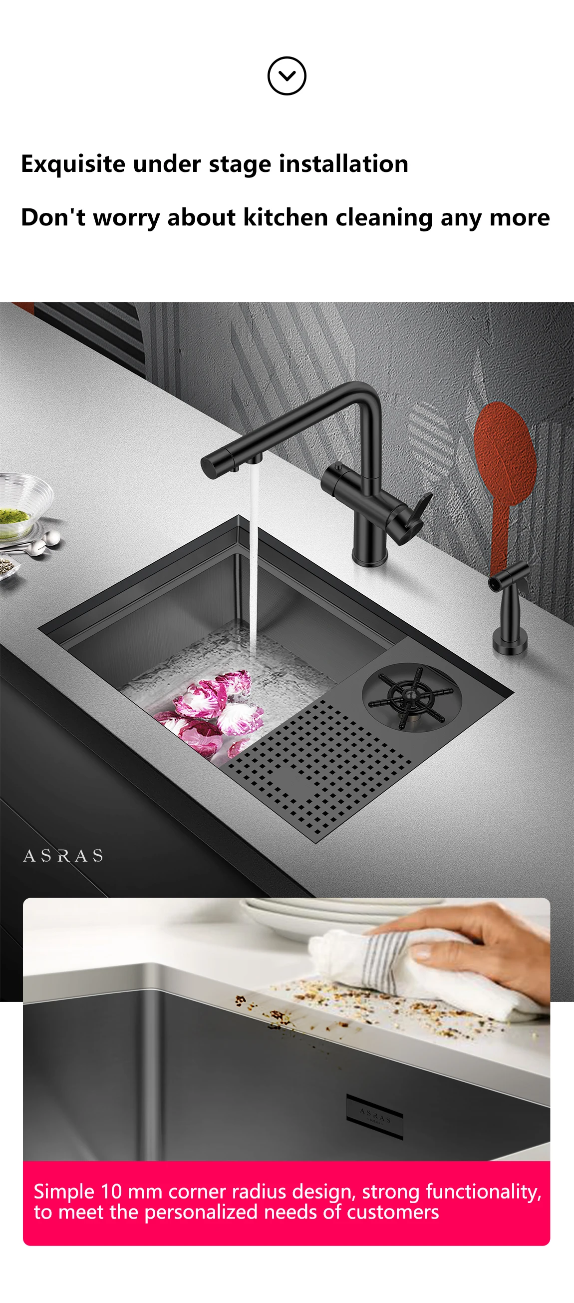 ASRAS Multifunktions-Küchenspüle aus Edelstahl 304, kleines Nano-Grau mit Waschbecken für Tassenwaschgeräte – Detail 14