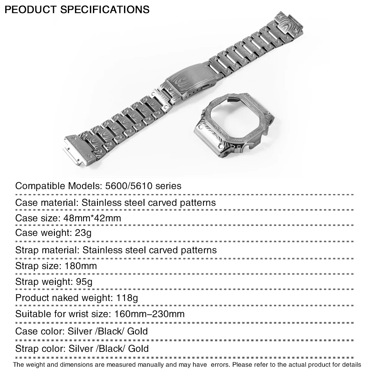 DW5600 Mod Kit Embossed Stainless Steel Case and Bracelet Integrated Connection Design for DW-5600 GW-M5610 G-5600 Watch Series