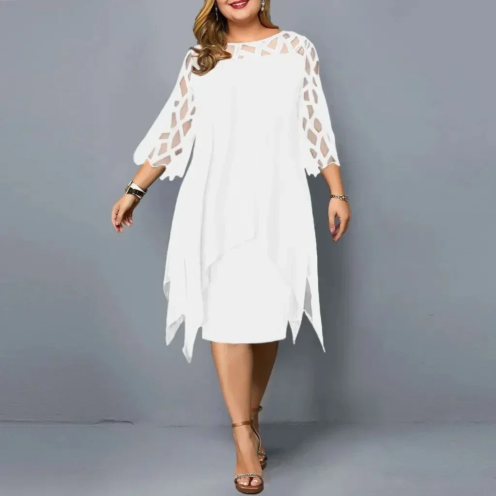 Party Dress For Women Chubby Lace Sleeve Hollow Out Solid Elegant Midi Xxl O Neck Sexy Women\'S Clothing Evening Dresses 2023