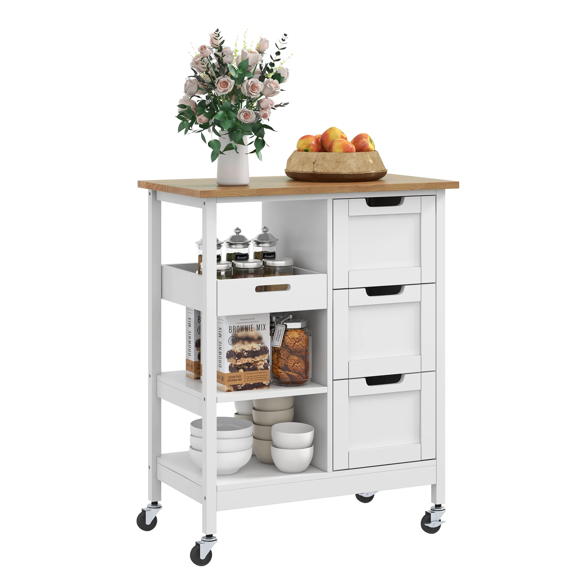 Home Rolling Kitchen Trolley Cart 33'' Tall Wood Storage Drawers Stand Shelves