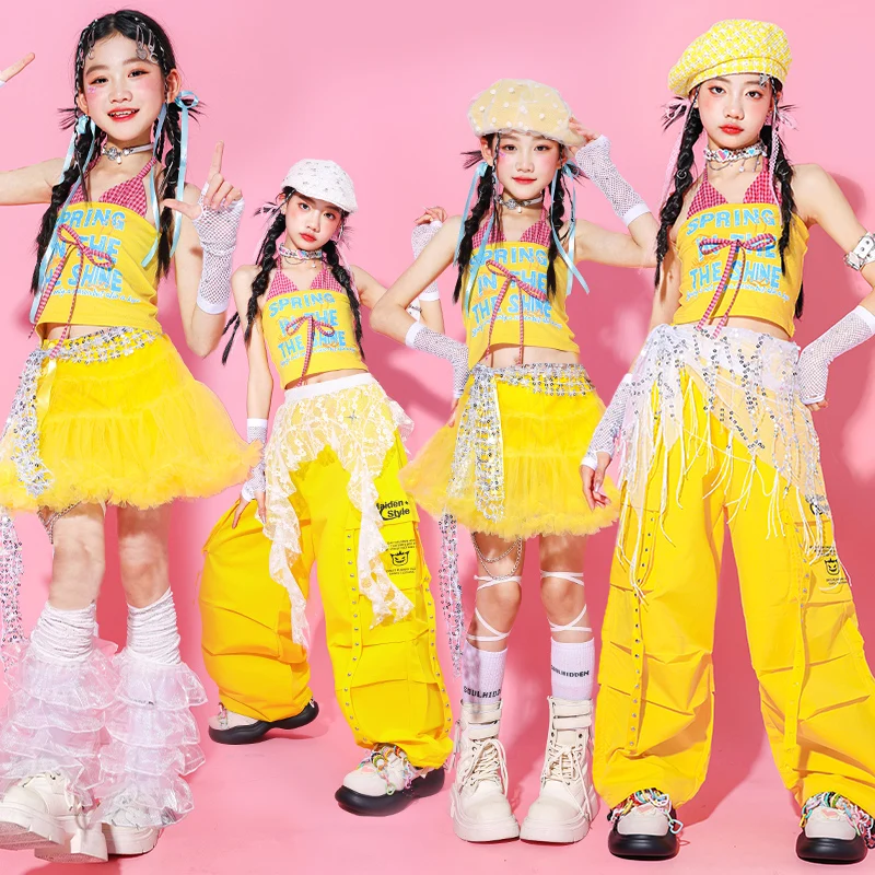 

Girls Hip Hop Dance Outfits Yellow Crop Top with Lace Trim Pants Tutu Skirt for Teenage Kids Sweet Color Stage Performance Wear