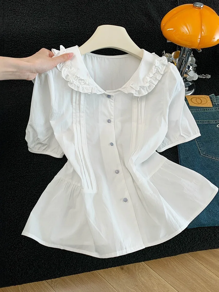 

French Style Short Sleeve Loose Bubble Sleeve Doll Collar Shirt for Women Breathable Skin-Friendly Summer Fashion Sweetened S...